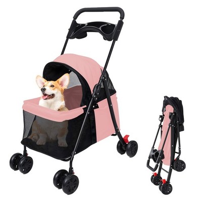 4-Wheels Foldable Pet Stroller Dog Cat Stroller w/Visible Window & Cup Holder