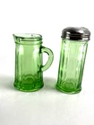 Set Depression Era Green Glass Sugar Shaker W/ Lid & Syrup Pitcher No Lid