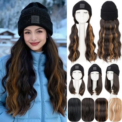 18in Beanie Hat Wig with Hair Attached Long Wavy Black Winter Knitted Hat Warm M