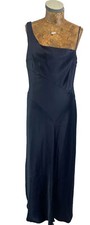 NEXT DRESS 14 PETITE BLUE Satin Stretchy Asymmetric Neckline Maxi Long Party