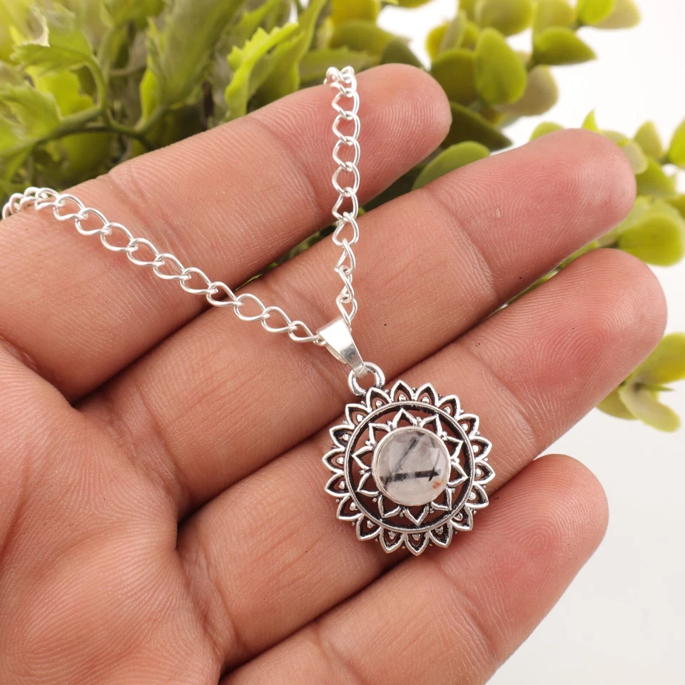 Schwarzer Rutil Quatz Edelstein 925 Sterlingsilber handgefertigter Schmuck An... - Bild 4 von 4