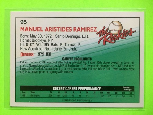 Tarjeta de béisbol 1992 Donruss #98 Manny Ramírez Cleveland Indians RC novato - Imagen 2 de 2