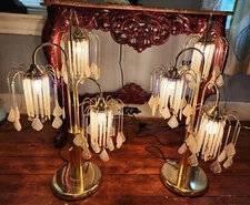 2 Vtg Hollywood Regency 3 Arms Rain Drop Faux Crystal Prism Table Lamp-3 Setting