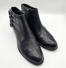 Franco Sarto Cyan Boots Women 6.5 Black Leather Ankle Booties Buckles Block Heel