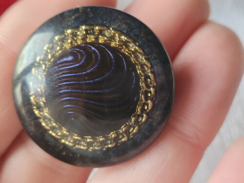 Large Vintage Button Gold Inclusion Blue Base Superb 3.3 Cm Ref 6018 - Picture 3 of 4