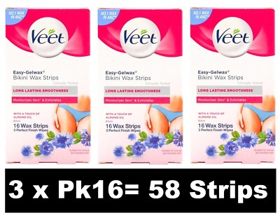 56 x Veet Easy-Gelwax Bikini Wax Strips Normal and Sensitive Skin New (3 x Pk16)