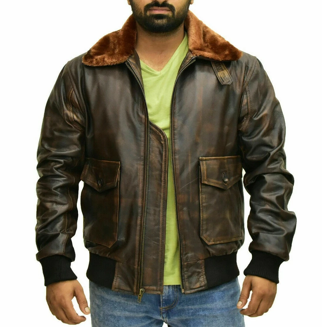 Men's Aviator G-1 A2 Bomber B3 Navy Pilot Vintage Distressed Real Leather Jacket