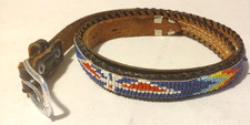 Vintage Handmade Genuine Leather Native Thunderbird Beaded Skinny Belt 34 in