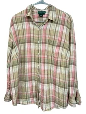 Lauren Ralph Lauren Womens Linen Coastal Summer Plaid Button down Shirt Size 2X