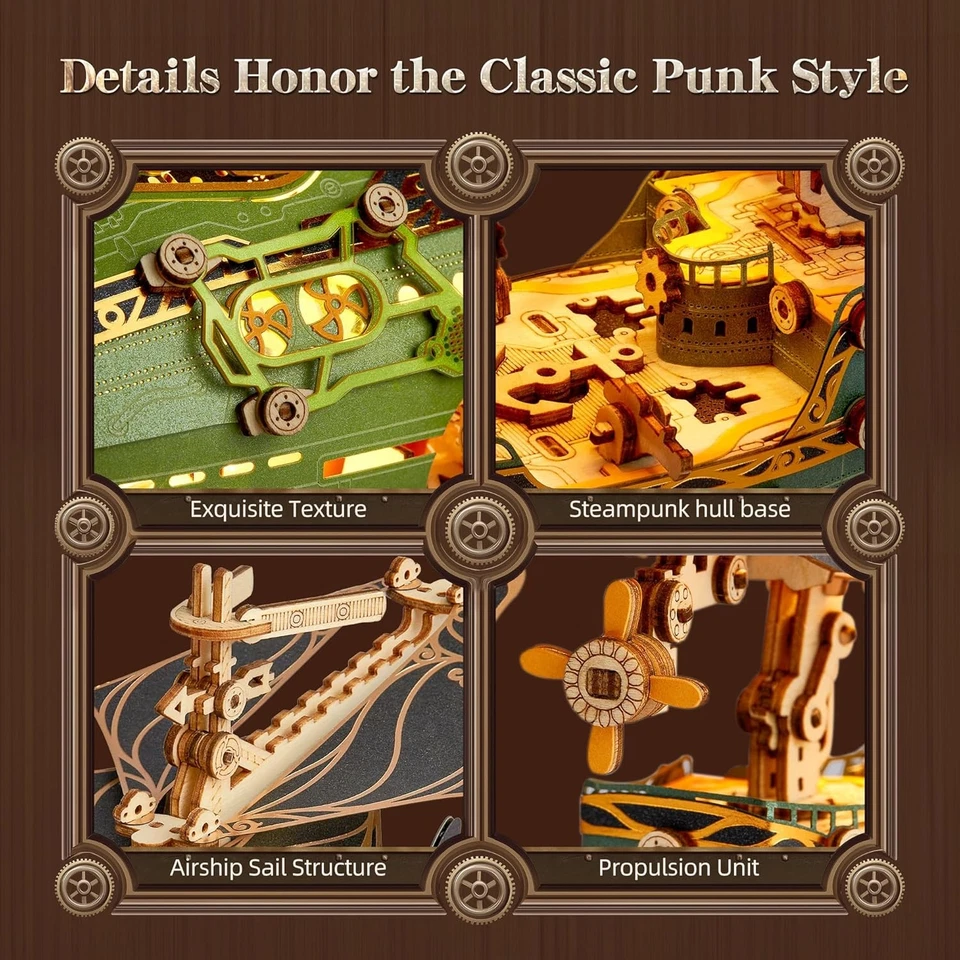 Rompecabezas de madera LED 3D modelo de dirigible de fantasía - Steampunk hágalo usted mismo kit de artesanía con verde  Foto 3 de 4