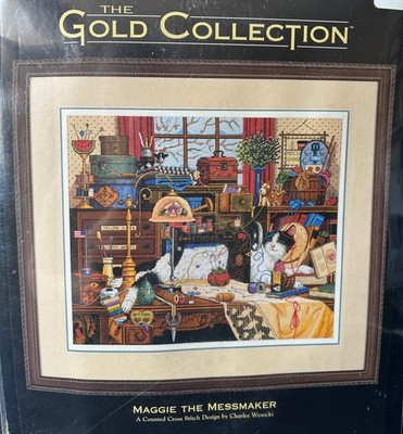 Dimensions Gold #3884 MAGGIE THE MESSMAKER Cat Cross Stitch Kit Wysocki 1998 VTG