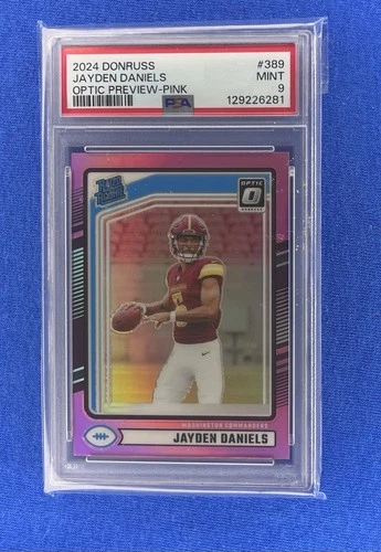 2024 Donruss Rated Rookie Jayden Daniels #389 Optic Preview Pink Prizm RC PSA 9