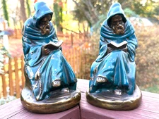 Antique Art Deco Bookends c.1920 Reading Monk ~ Friar, Armor Bronze Co.