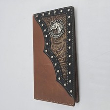 Western Bifold Long Wallet Leather Silver Horse Concho Made in Mexico Brown 7.5"