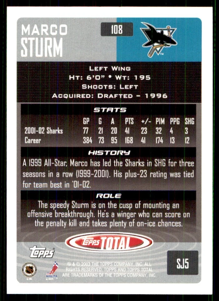 2002-03 Topps Total Marco Sturm San Jose Sharks #108 - Image 2 of 2