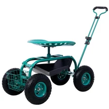 Heavy-Duty 300LB Garden Scooter Cart w/360?? Swivel Seat & Tool Storage ??Green
