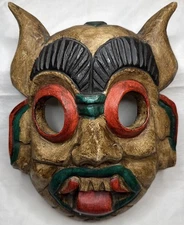 Thai Ceremonial Mask Hand Carved Painted Wooden Wall Art 10x7.5” Demon Spirit