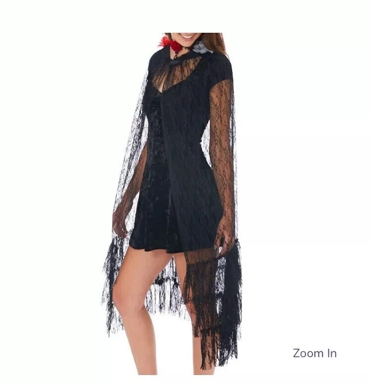 Day Of Dead Punk Rave Womens Gothic Lace Hooded Waistcoat Cloak Cape Black #D - Image 2 of 4