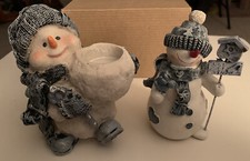 2 Snowmen- 1 Tea Light Candle Holder, 1 w/birdhouse & Let It Snow Sign - CERAMIC