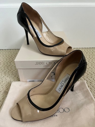 Jimmy Choo View Nude Black Two Tone Patent Leather Peep Toe Pumps Sz 38 8 $850 - Picture 3 of 14
