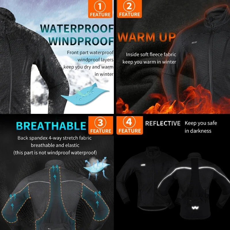 Men's Thermal Cycling Jacket Winter Warm Up Fleece Clothing Windbreak Waterproof - Image 4 of 4