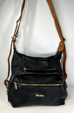 Valentina Italian Leather Black  With Brown Trim Convertible Strap Shoulder Bag