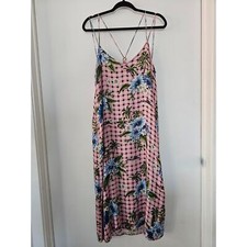 Zara Slip Dress L Pink Check Floral Strappy Sundress Midi Hawaiian 100% Viscose