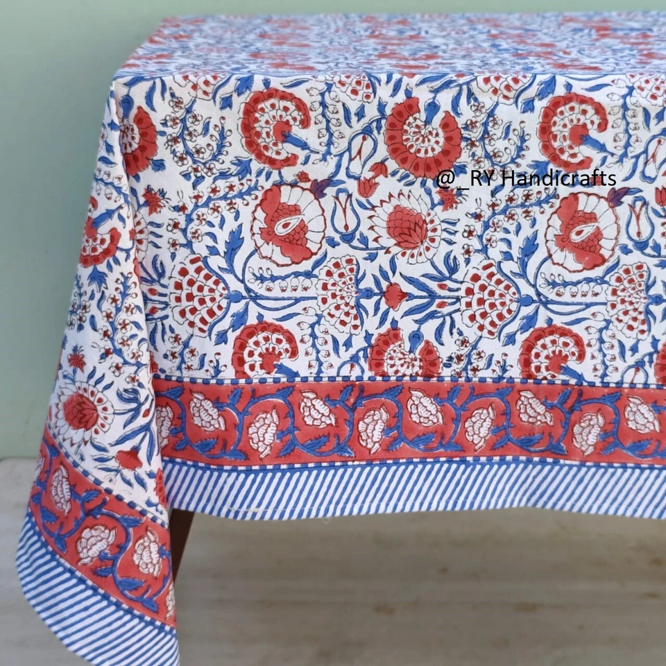 Pink & Blue Indian hand Block Print tablecloth Floral Cotton Custom Table cover - Image 3 of 4
