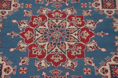Blue/ Ivory Vegetable Dye Super Kazak Handmade Geometric Living Room Rug 8'x11' - Picture 5 of 22