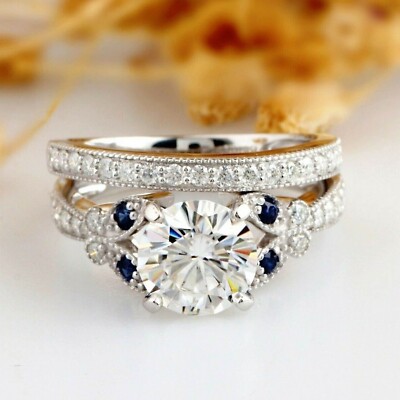 Bridal Set Engagement Ring 3CT Round Cut simulated Diamond 14K White Gold Finish