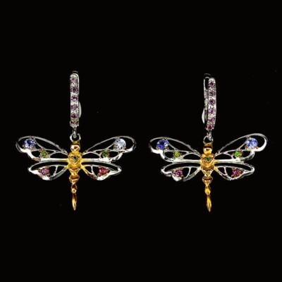 TANSANIT, RHODOLITH & DIOPSID LIBELLE OHRRINGE .925 STERLINGSILBER 14K WGP