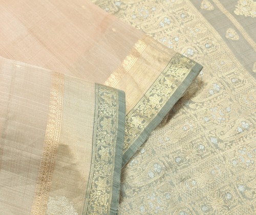 Sushila Vintage Brown Saree 100% Pure Silk Zari Brocade Floral Woven Sari Fabric