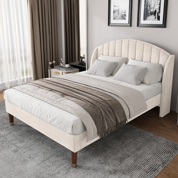 Polsterbett 140X200 Beige Samt Mit Lattenrost Kopfteil Jugendbett-image