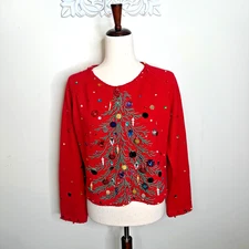 MICHAEL SIMON Women's size MEDIUM Embellished Christmas Tree Sweater RED  2000