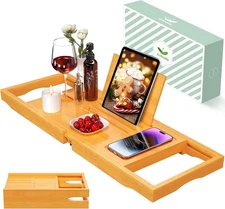 Artmalle Bathtub Caddy Tray for Tub, Expandable Bamboo Bath Table Natural 