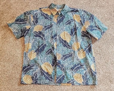 Mens Island Shores Blue Cotton Hawaiian Coconut Button Down Collar Shirt XL