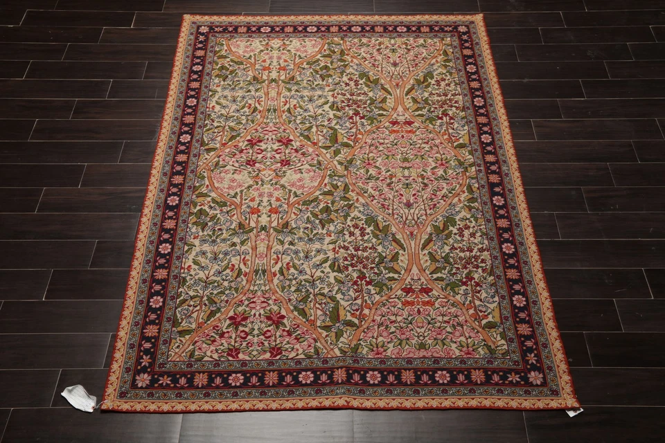 5'7''x8' Hand Woven Wool Ivory French Needlepoint Flatweave Floral Rug - Image 2 of 4