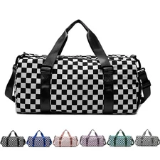 Checkered Gym Duffel with Shoes Compartment & Wet Pocket, Sports Dance Travel...