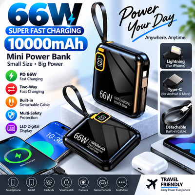 10000mAh Power Bank 66W PD Fast Charger Built-in USB-C Cable for iPhone