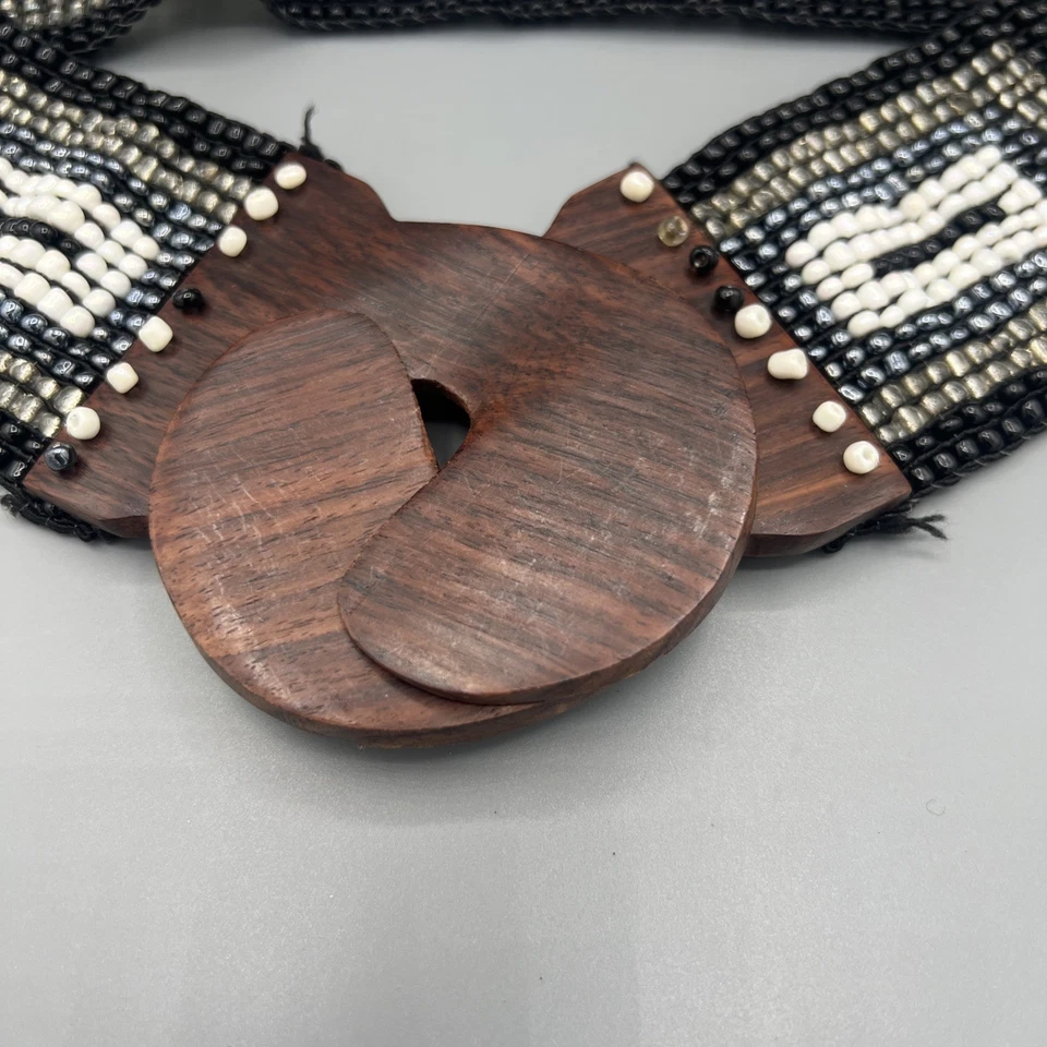 Cinturón boho vintage con hebilla de madera con cuentas pesadas nativo azteca occidental M Foto 2 de 4