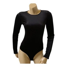 SHINESTAR Womens Size Small Black Velvet Long Sleeve Bodysuit Shirt One Piece