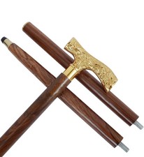 Vintage Engraved Brass Head Handle Victorian Wooden Walking Stick Cane Gift