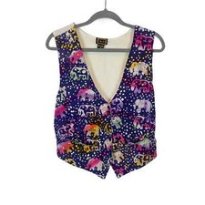 Elephant Batik Vest Women s Size Med Beaded Waistcoat A.J. Vintage Rainbow Blue