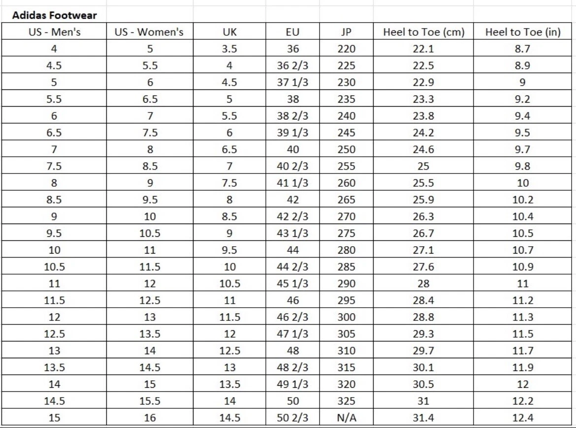 Adidas gazelle shop size chart
