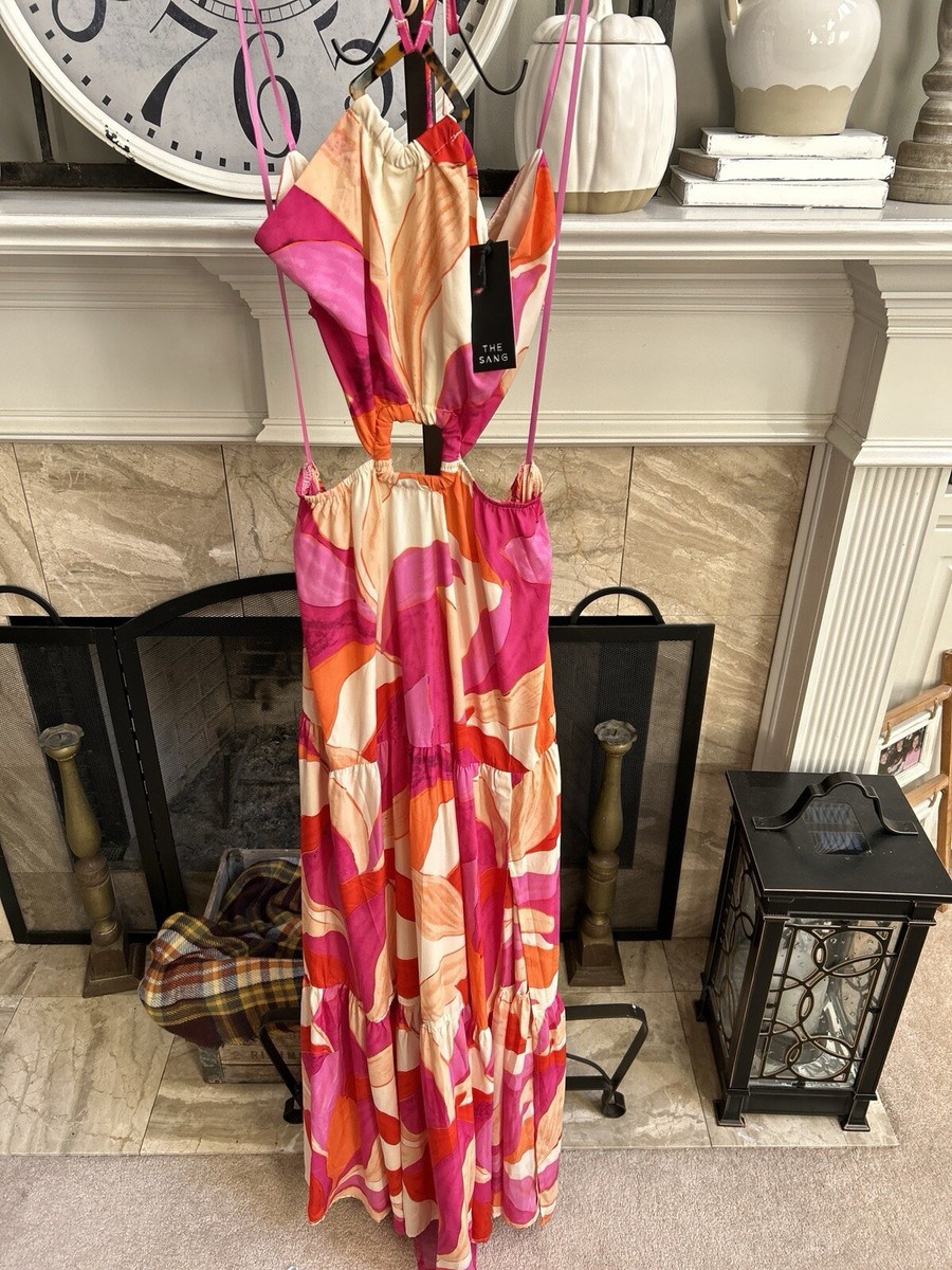 cut out combination dress NEW NWT THE SANG maxi cut out halter neck dress in pink combo sz M