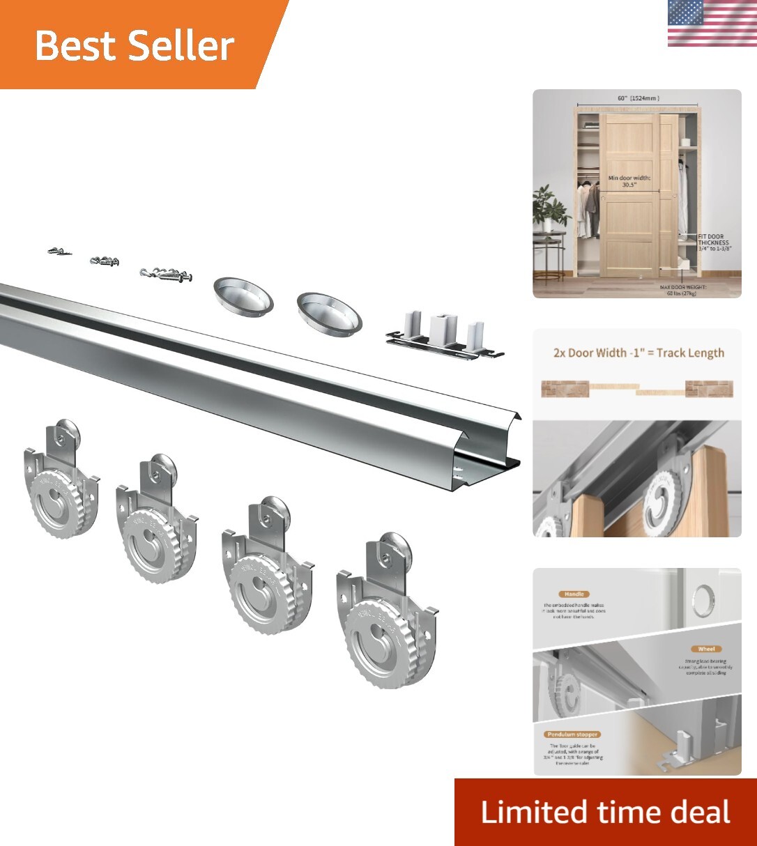 60-Inch Bypass Closet Door Track Set in Durable Galvanized Steel for Smooth Quiet Sliding