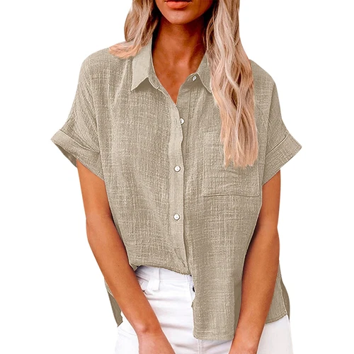 Womens Cotton Linen Casual Blouse Ladies Button T Shirt Short Sleeve Tops - Bild 49 von 72