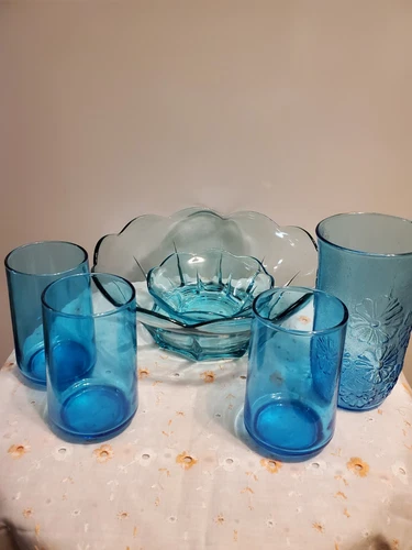 SALE! WAS 40 VTG MCM 6PC AQUA GLASSWARE SET 4 CUPS CHIP/DIP BOWLS ANCHOR HOCKING