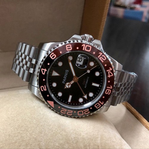 Orologio Uomo 40mm Parnis Movimento Automatico GMT Cristallo Zaffiro Lunetta Girevole - Foto 11 di 38
