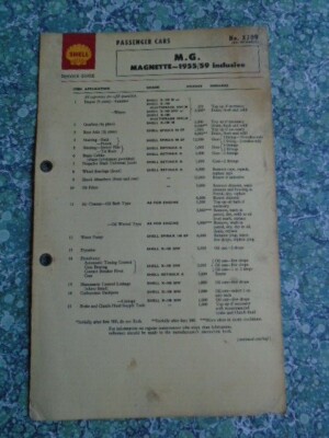 Shell Lubrication Service Guide Card M.G. Magnette 1955 - 1959 inklusive 8762F